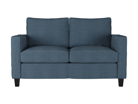 Blue 2 seater loveseat with tufted cushions, wooden legs, and modern design.