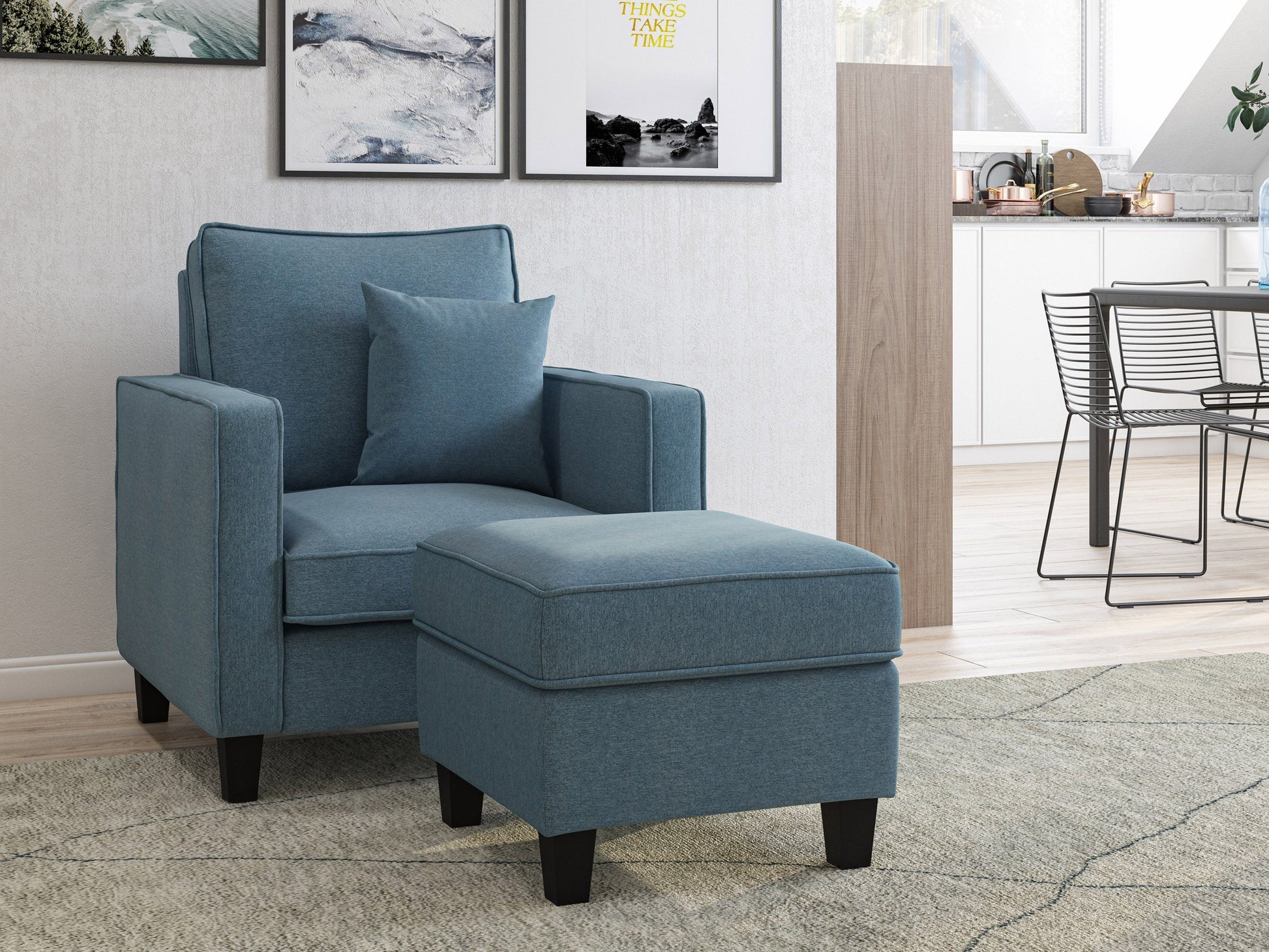 Blue fabric ottoman with wooden legs, tufted cushion, and contemporary design.