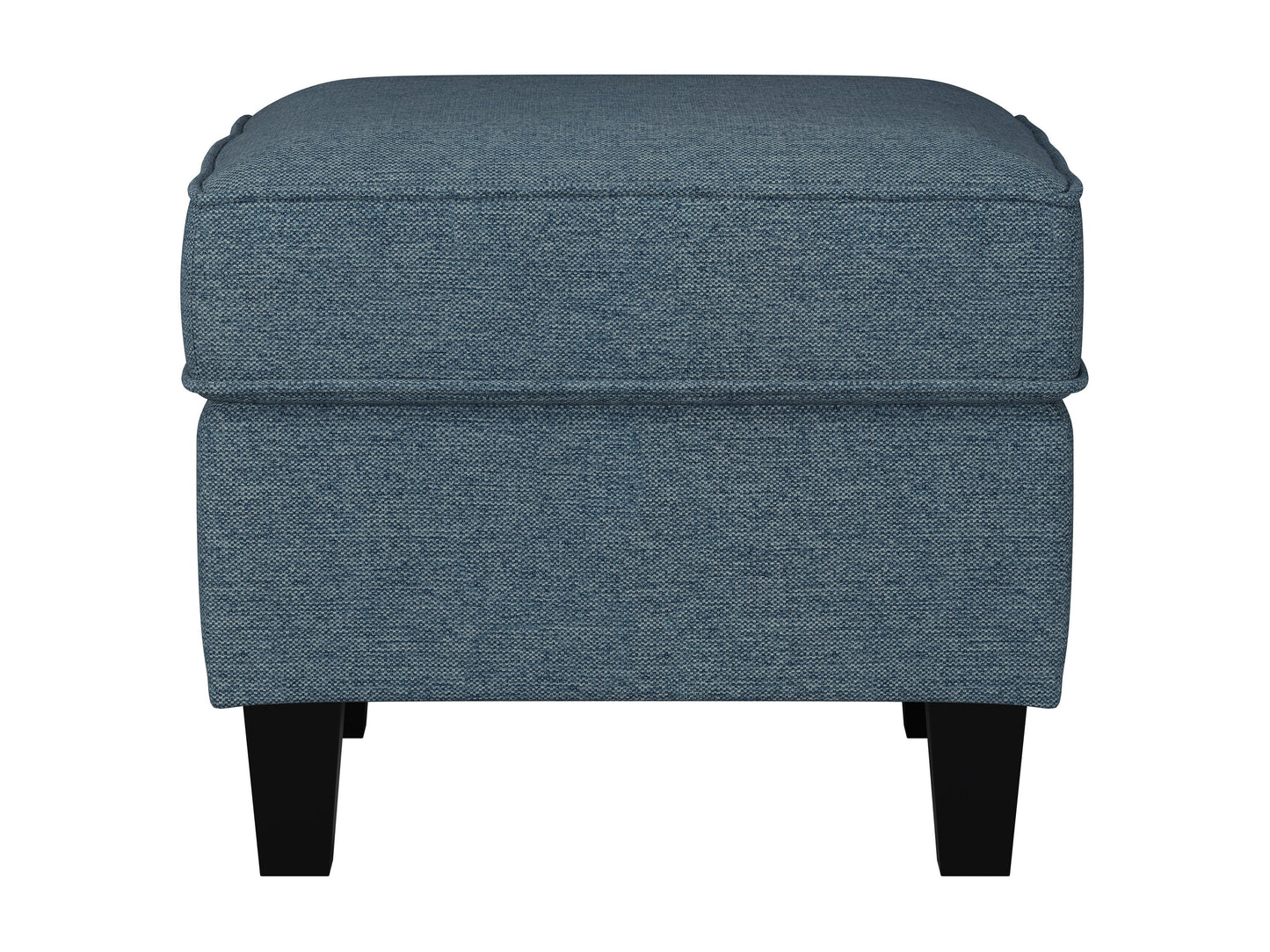 Blue fabric ottoman with wooden legs, tufted top, and modern minimalist design.