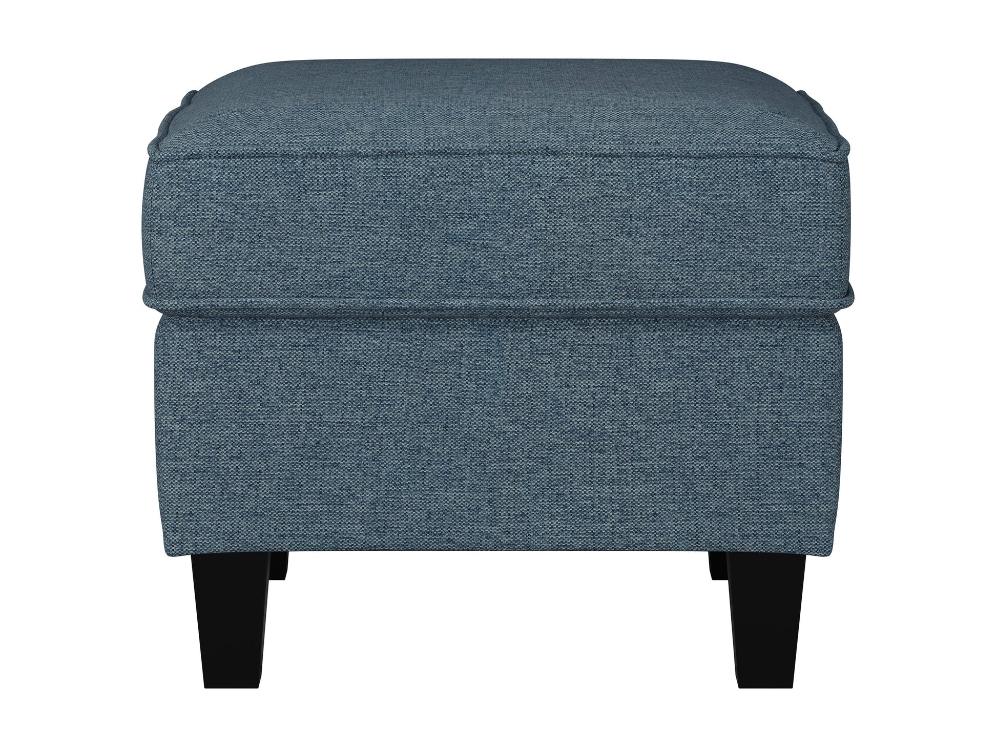 Blue fabric ottoman with wooden legs, tufted top, and modern minimalist design.