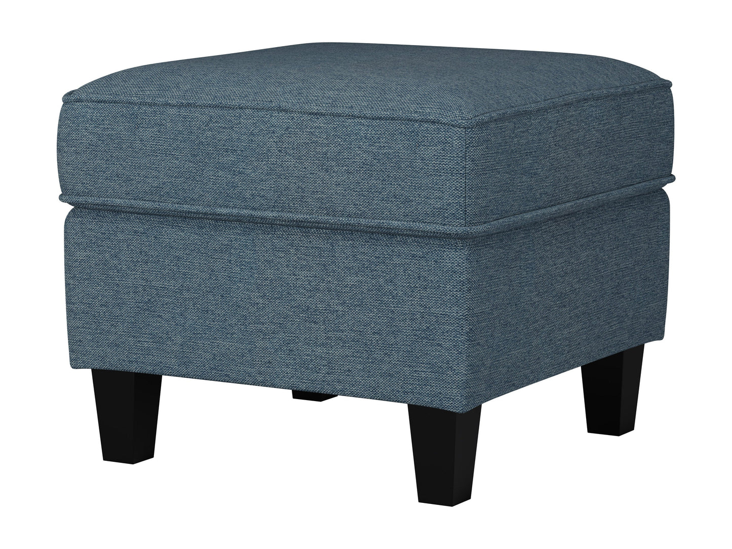 Blue fabric ottoman with tufted top and wooden legs, perfect for modern living rooms and versatile seating.