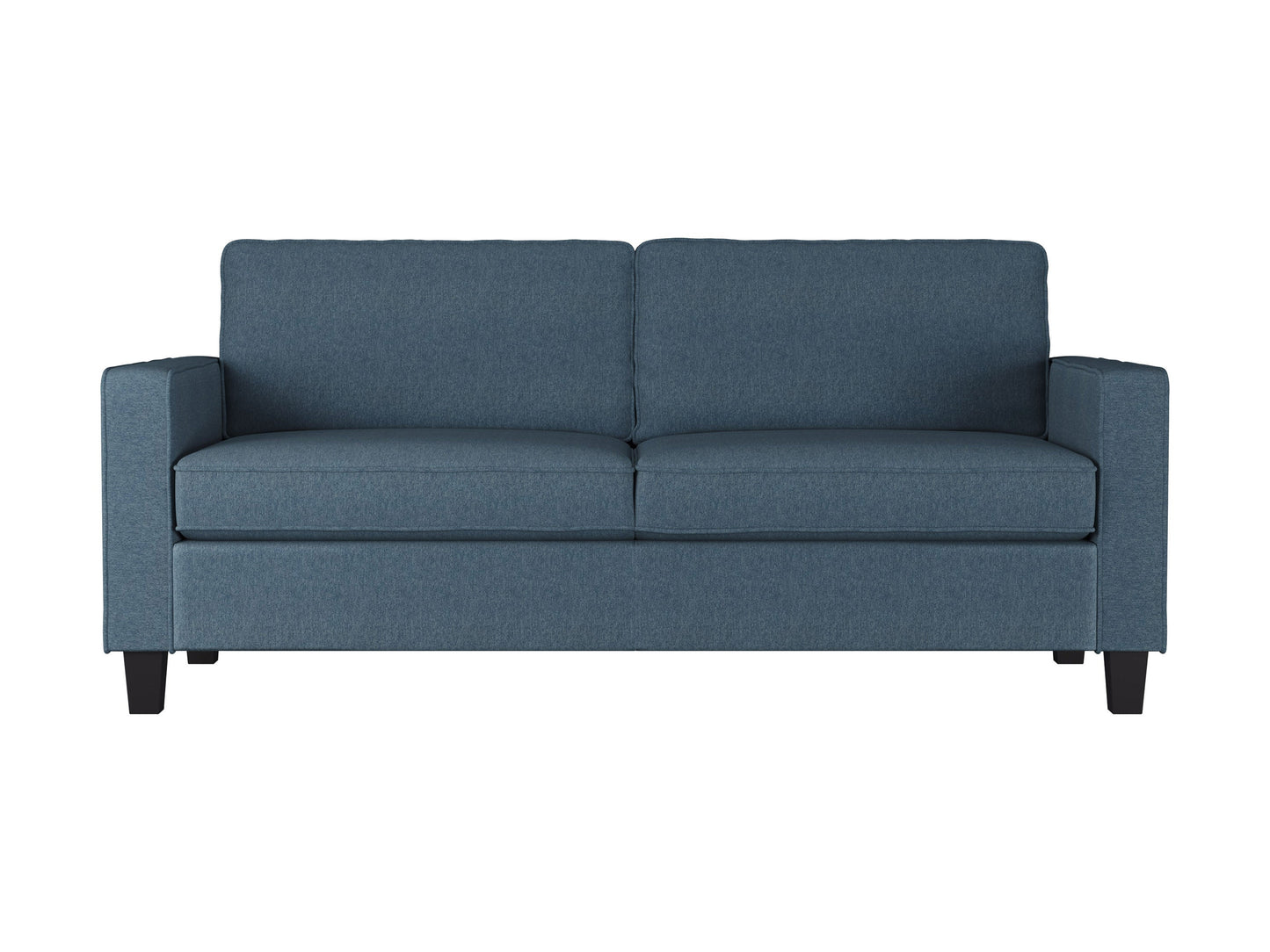 Blue 3 seater sofa with wooden legs, tufted cushions, and a modern minimalist design.