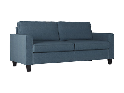 Blue 3-seater sofa with wooden legs, tufted cushions, and modern design