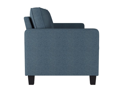 Blue 3 seater sofa with tufted cushions, wooden legs, and a modern design.