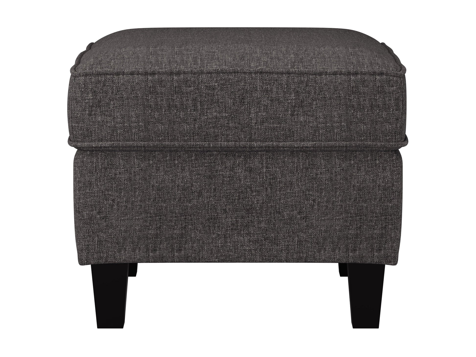 Grey fabric ottoman with wooden legs, tufted design, and minimalist style.