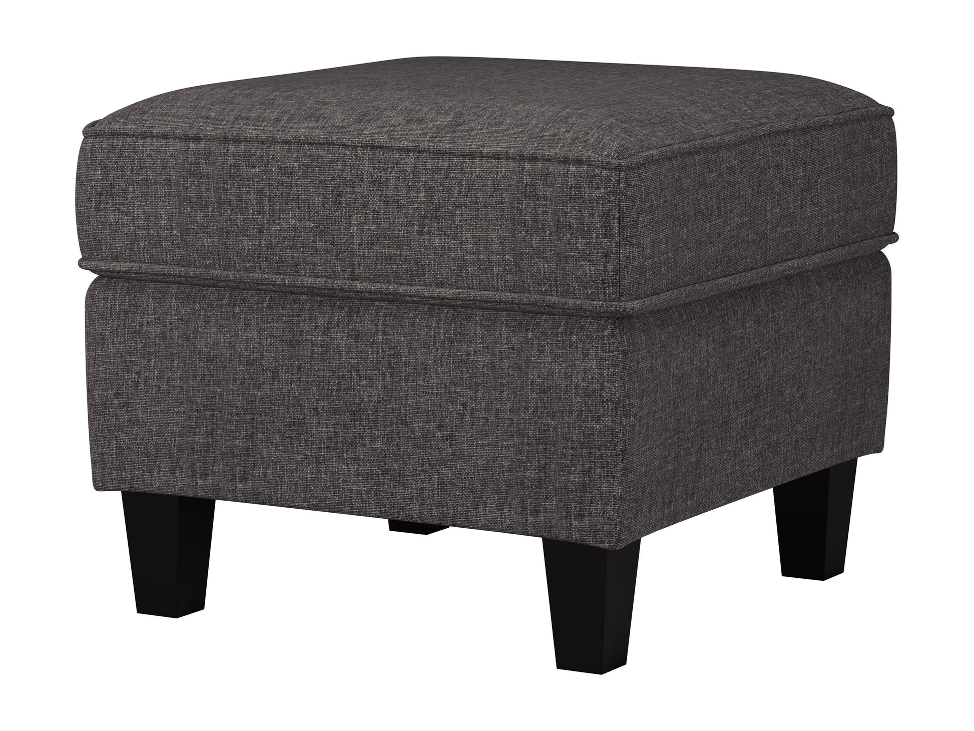 Grey fabric ottoman with tufted cushions and wooden legs, modern minimalist design.