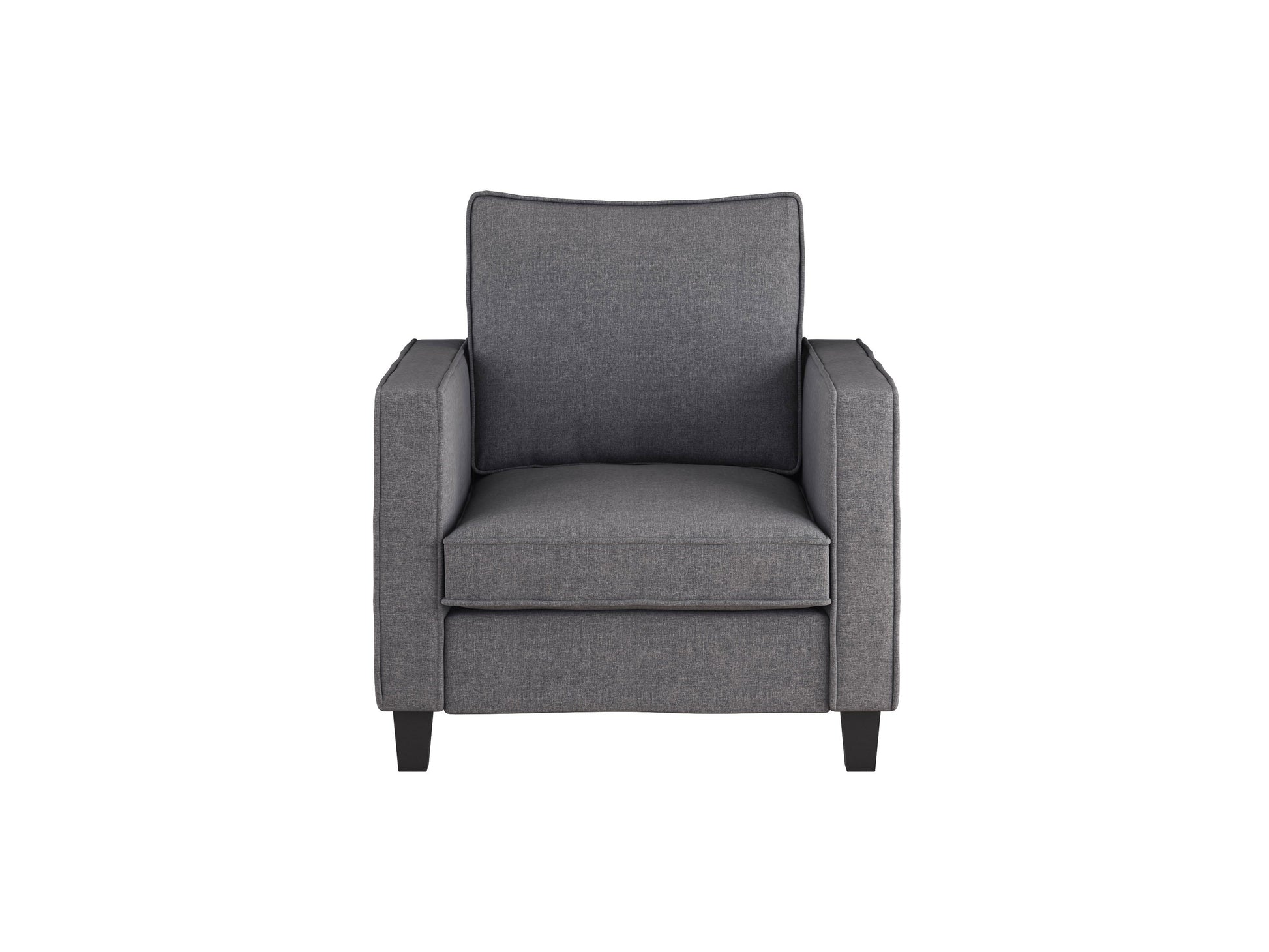 Grey 2-seater loveseat with tufted cushions, wooden legs, and a matching chair set, perfect for modern living rooms.