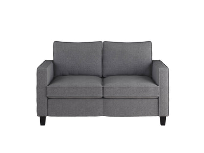 Grey 2 seater loveseat and chair set with wooden legs, tufted cushions, and modern minimalist design.