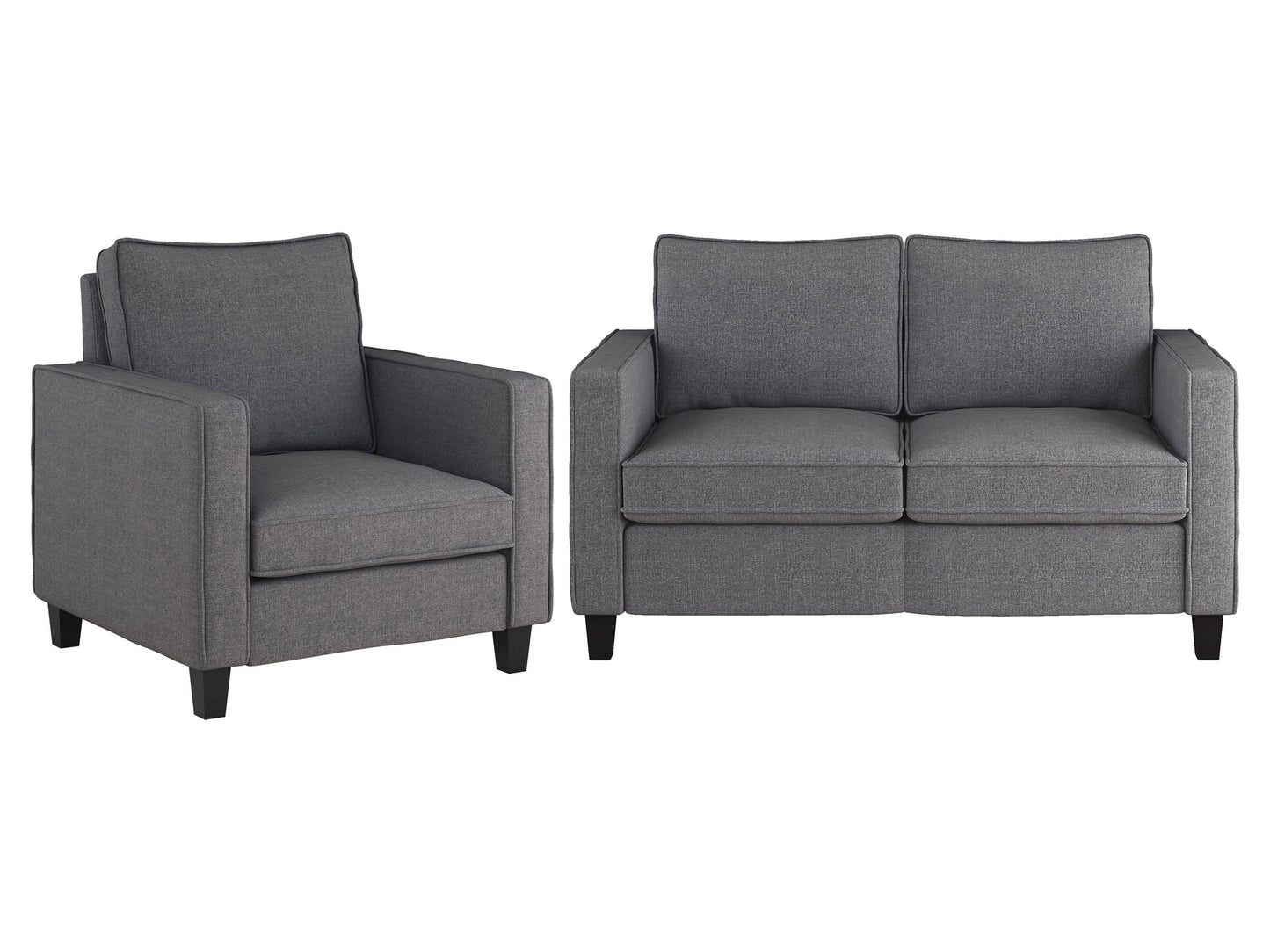 Grey 2 seater loveseat and chair set with wooden legs, tufted cushions, and a modern minimalist design.