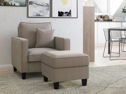 Taupe fabric ottoman with tufted cushion, wooden legs, and minimalist design.