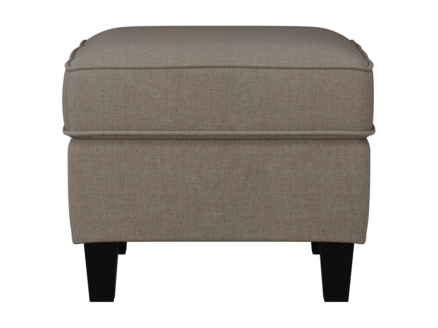 Taupe fabric ottoman with wooden legs, tufted top, and modern design.