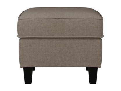 Taupe fabric ottoman with wooden legs, tufted top, and modern design.