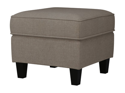 Taupe fabric ottoman with tufted top and wooden legs, perfect for modern living room decor.