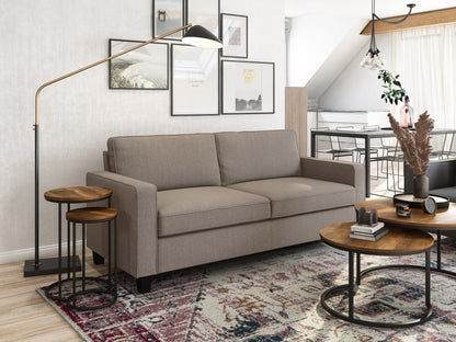 Taupe 3 seater sofa with plush cushions, wooden legs, and sleek modern design.