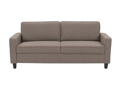 Taupe 3-seater sofa with plush cushions, wooden legs, and a modern minimalist design.