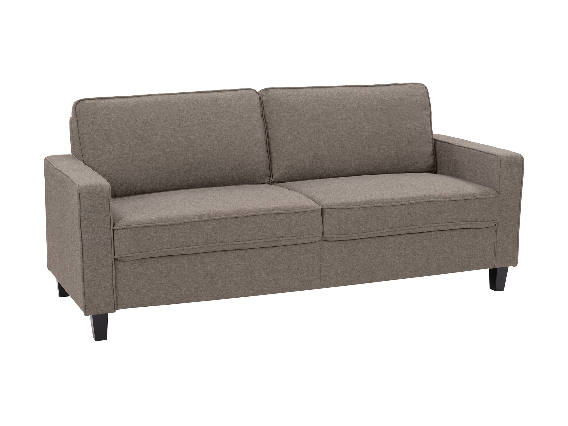 Taupe 3 seater sofa with plush cushions, wooden legs, and modern design for living room comfort.