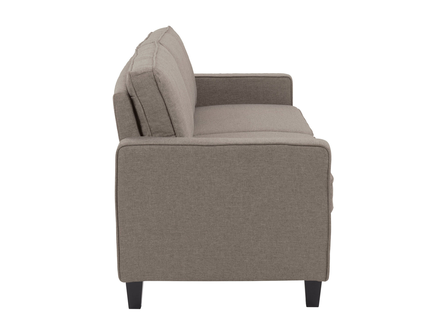 Taupe 3 seater sofa with wooden legs, tufted cushions, and modern design.