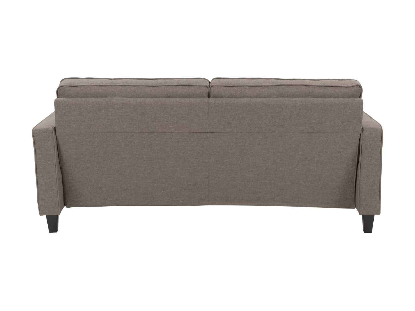 Taupe 3 seater sofa with tufted cushions, wooden legs, and soft fabric upholstery for modern living rooms.