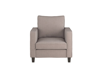 Taupe 2 seater loveseat with matching chair, fabric upholstery, wooden legs, and cozy design.