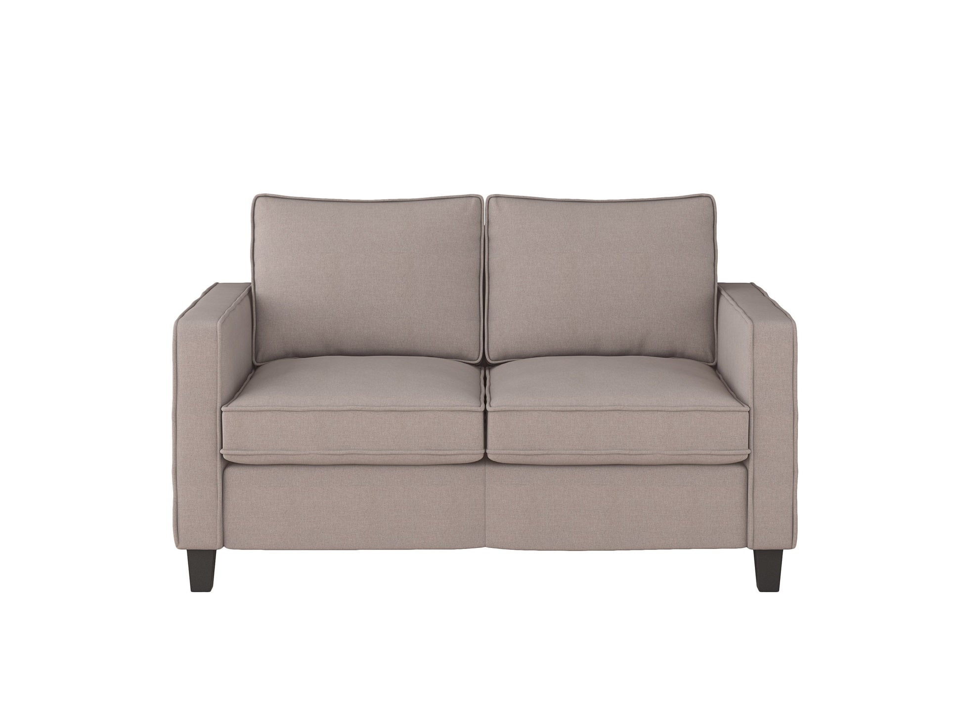 Taupe 2-seater loveseat with plush cushions and sleek wooden legs, perfect for modern living rooms.