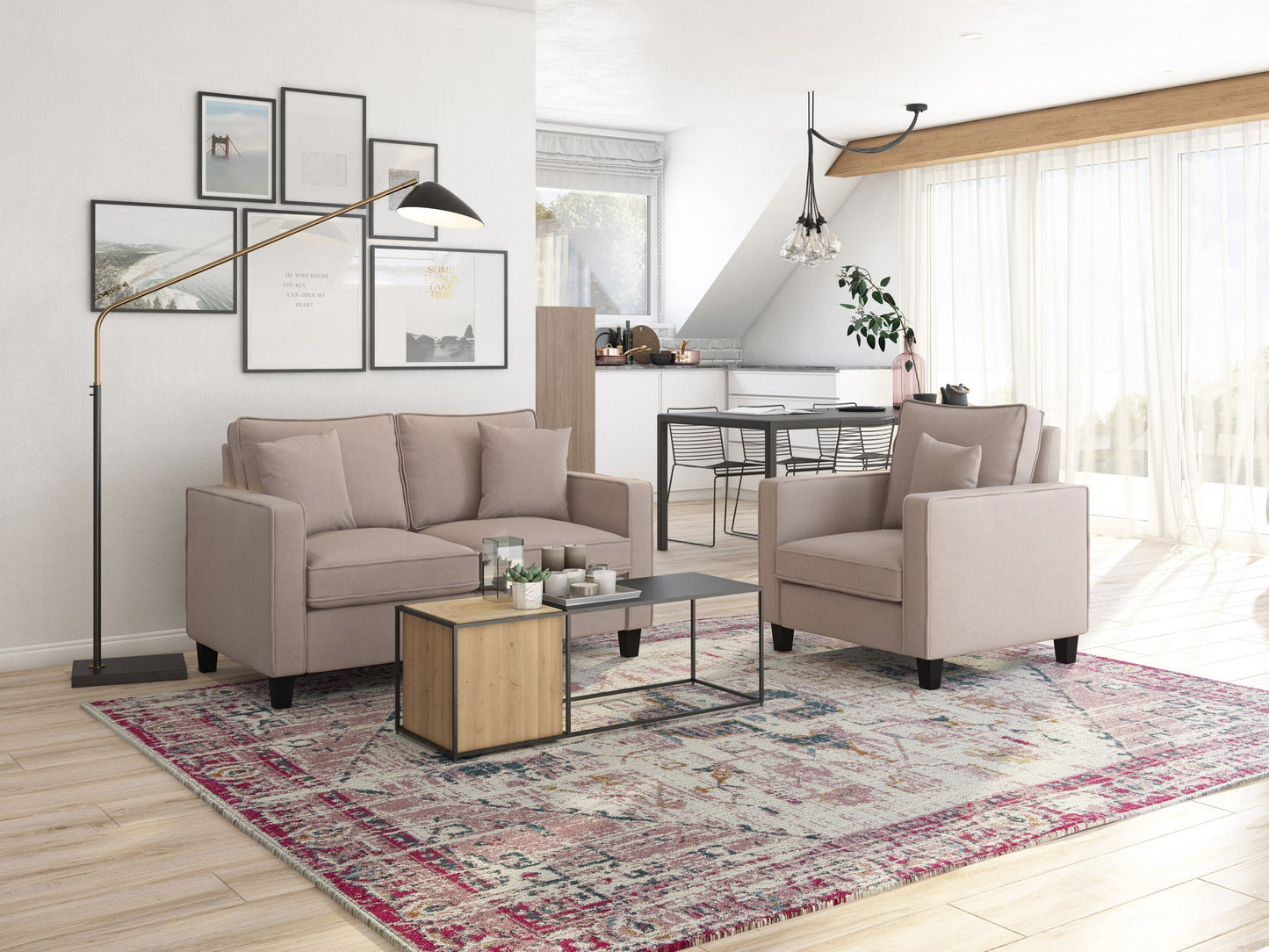 Taupe 2-seater loveseat and chair set with fabric upholstery, wooden legs, and modern design.