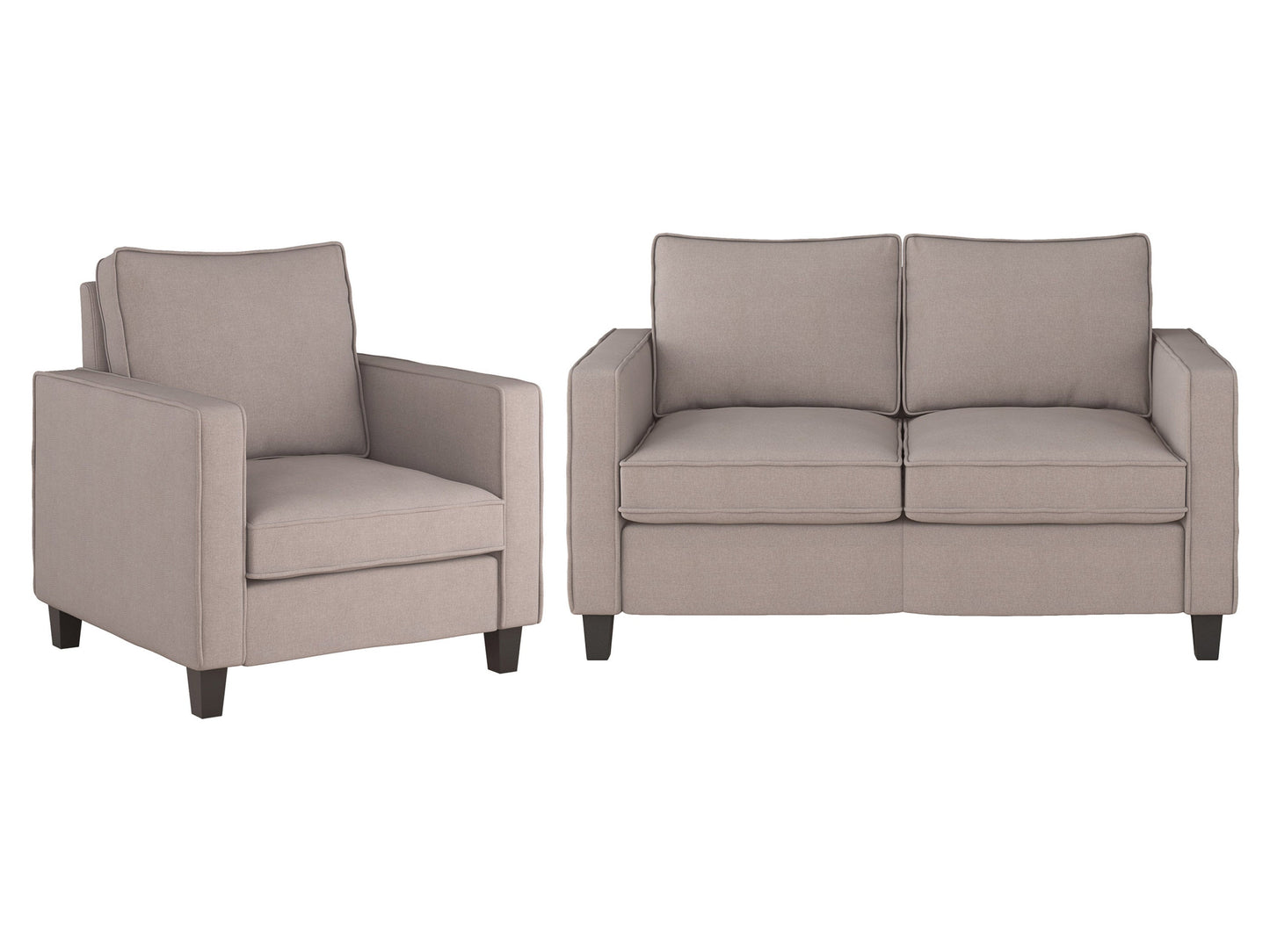 Taupe 2-seater loveseat and chair set with tufted cushions, wooden legs, and modern design.