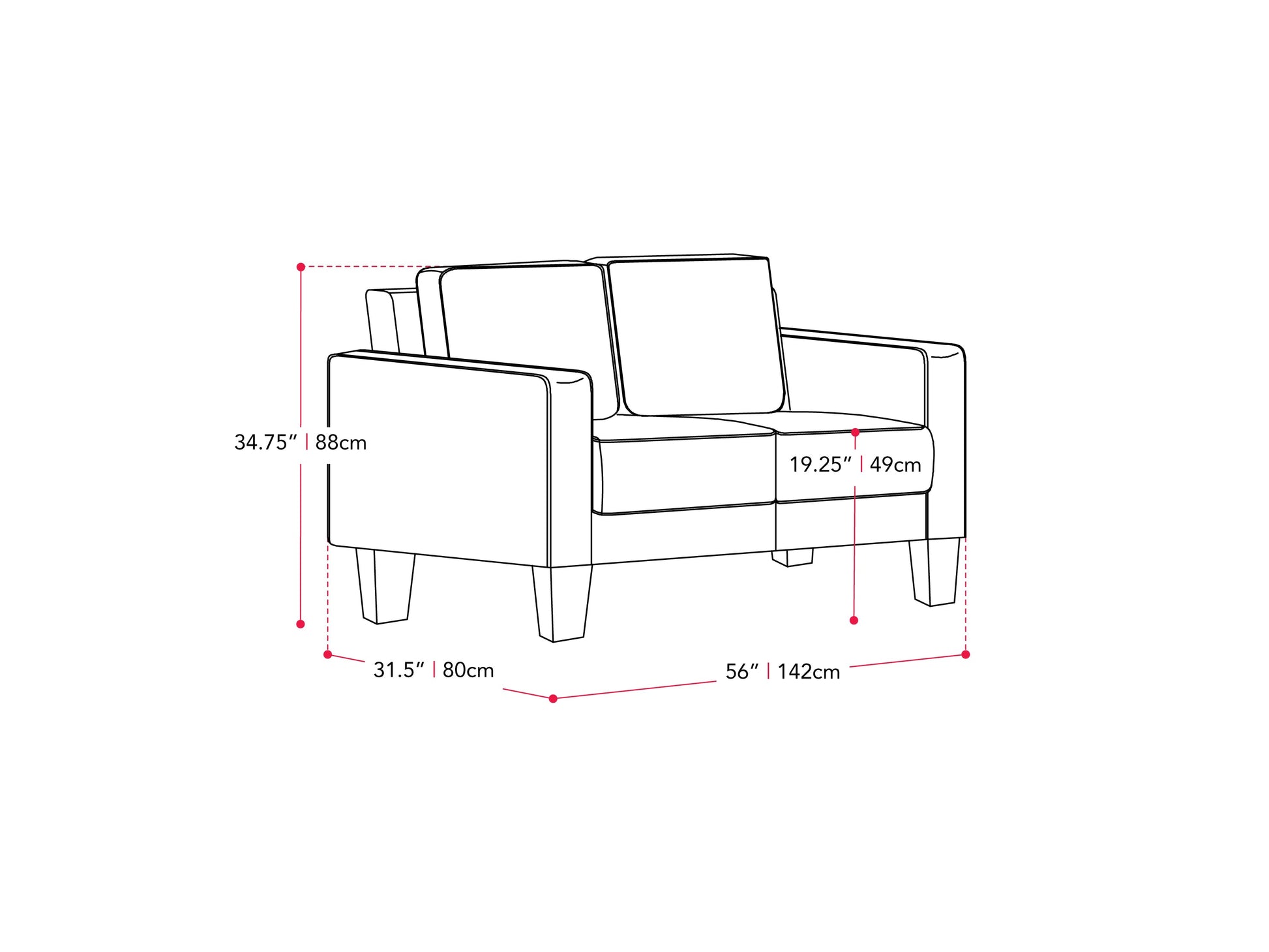 light grey 2 Seater Sofa Loveseat Georgia Collection measurements diagram by CorLiving#color_georgia-light-grey