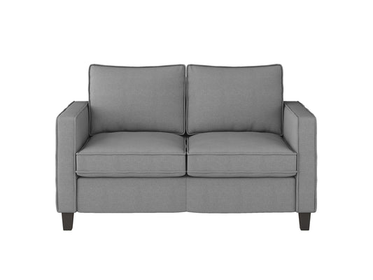 Mid-century modern 2 seater loveseat, grey fabric upholstery, wooden legs, tufted cushions, compact and stylish design.