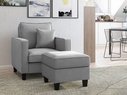 Light grey fabric ottoman with wooden legs, tufted top, and minimalist design.