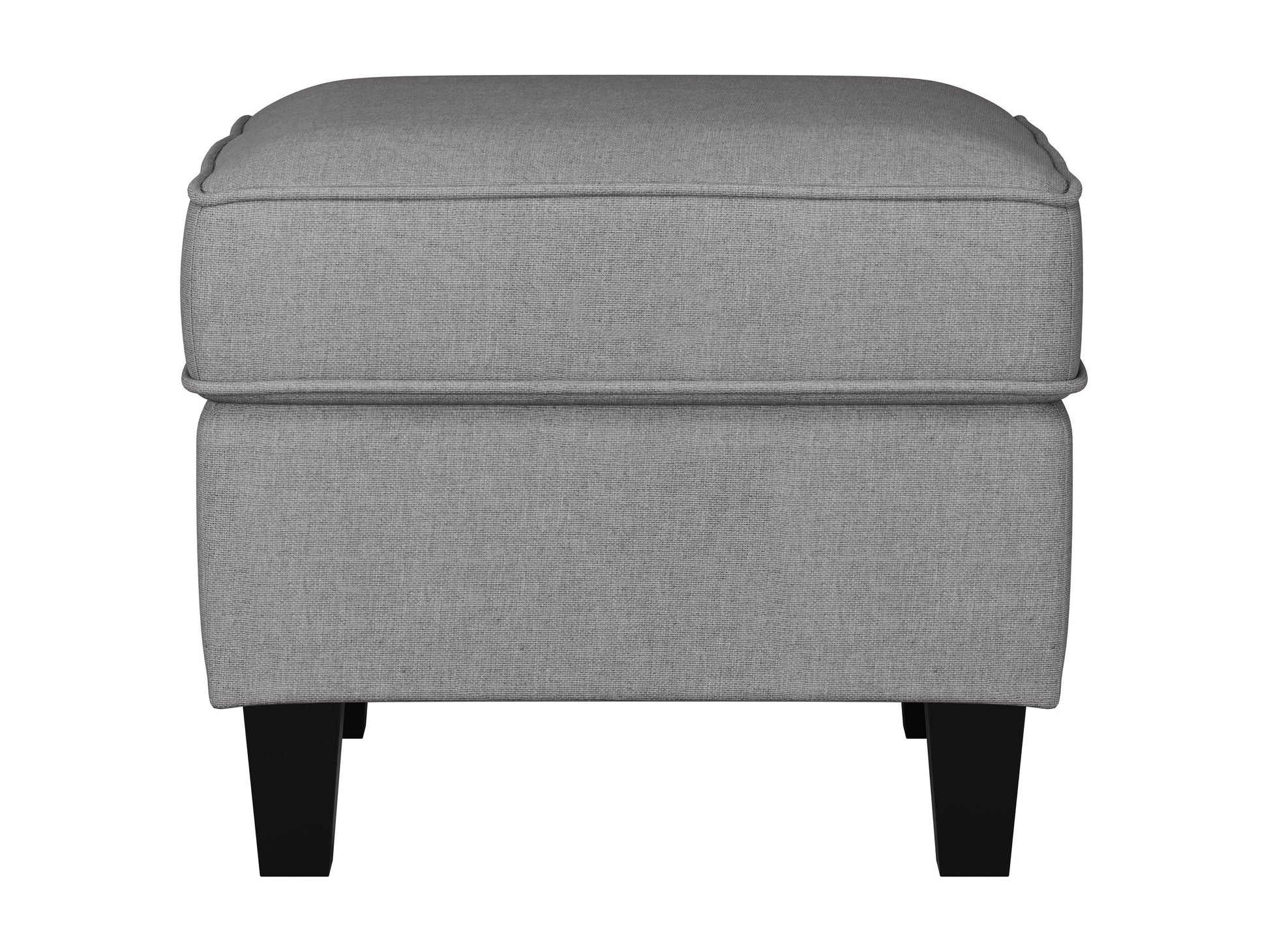 Light grey fabric ottoman with tufted cushion and wooden legs, perfect for modern living rooms.