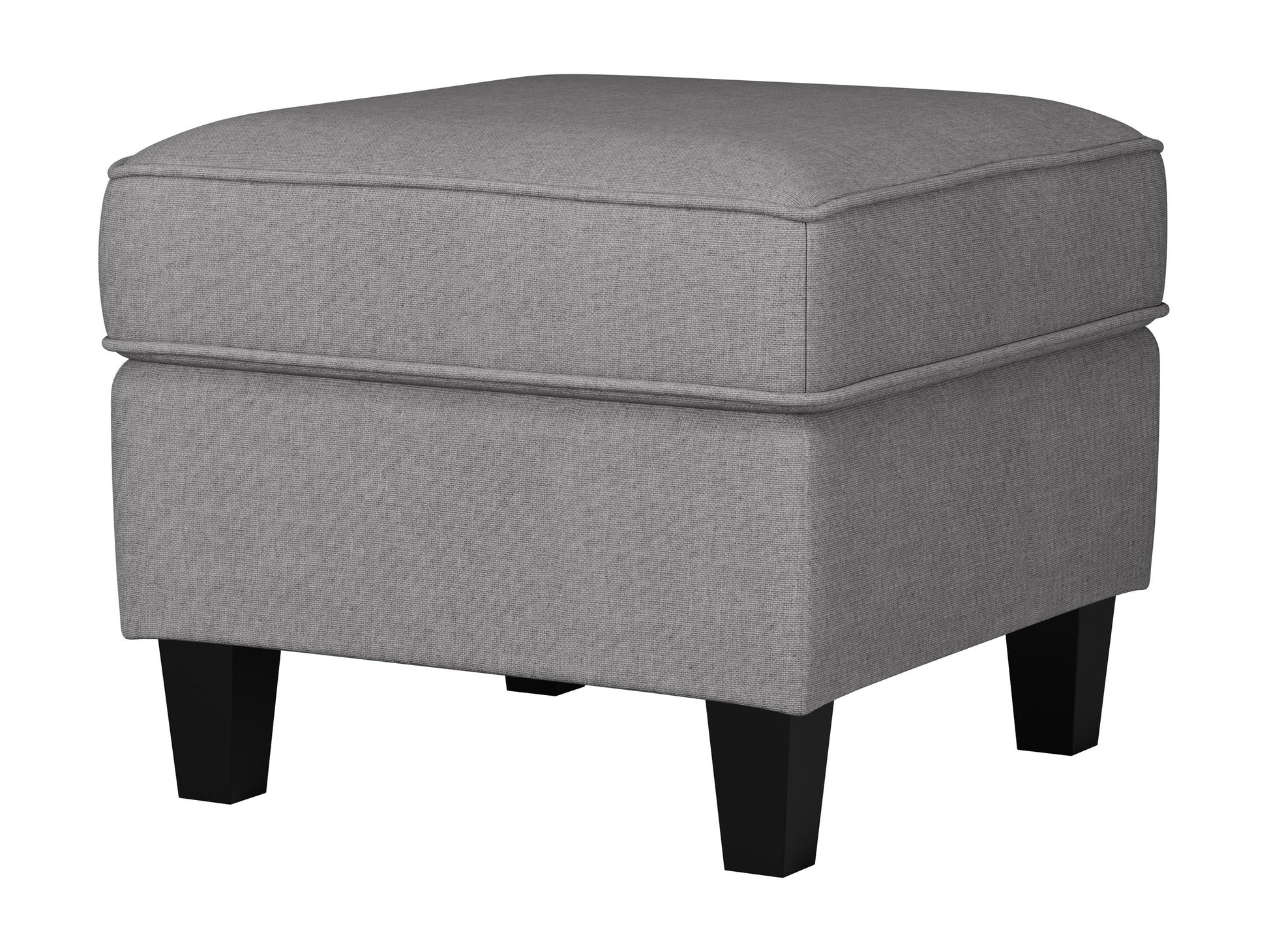 Light grey fabric ottoman with tufted top, wooden legs, and minimalist design.