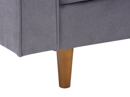 Mid-century modern grey arm chair with tufted back, wooden legs, and sleek design.