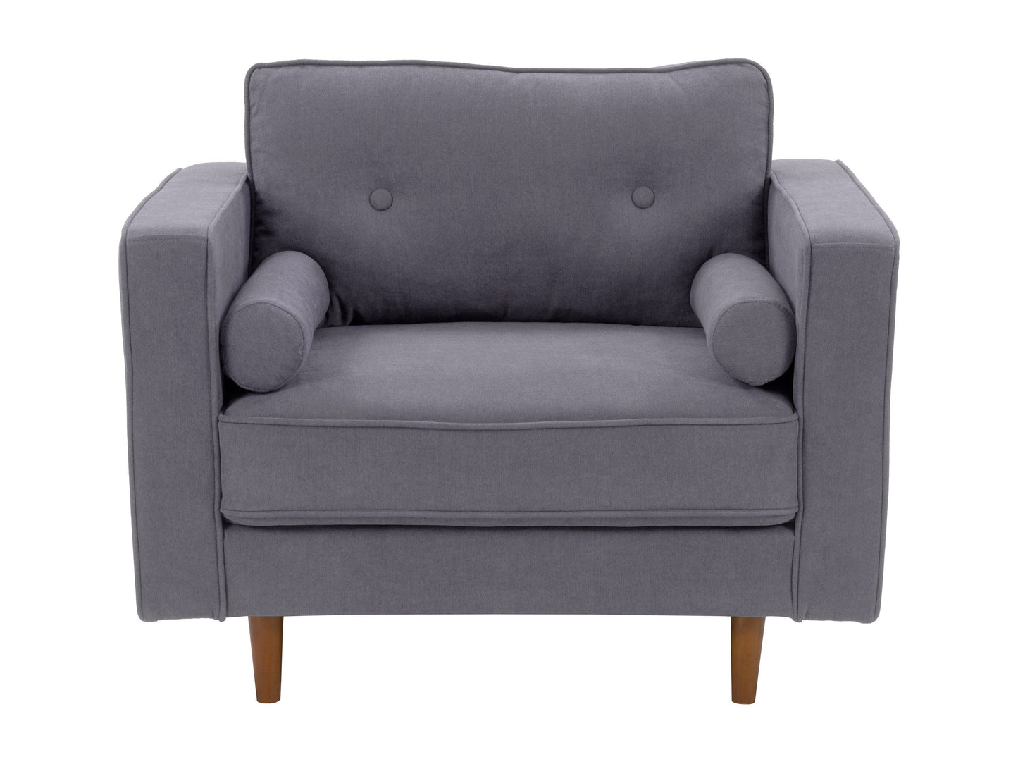 Mid-century modern grey arm chair with wooden legs and tufted cushions.