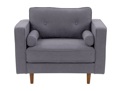 Mid-century modern grey arm chair with wooden legs and tufted cushions.