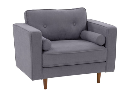 Mid-century modern grey armchair with wooden legs, tufted backrest, and sleek design.