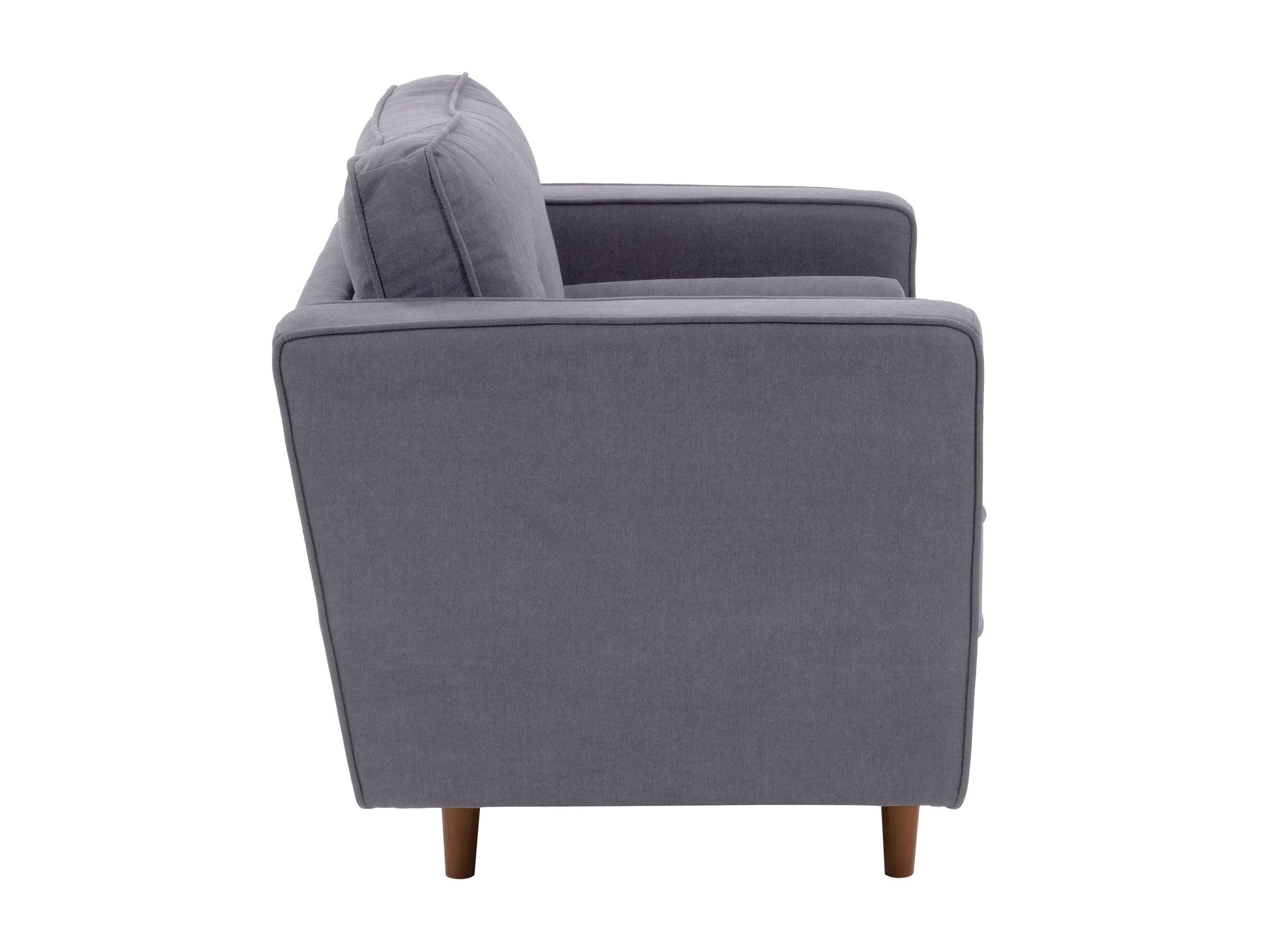 Grey mid-century modern armchair with wooden legs, tufted backrest, and sleek design.