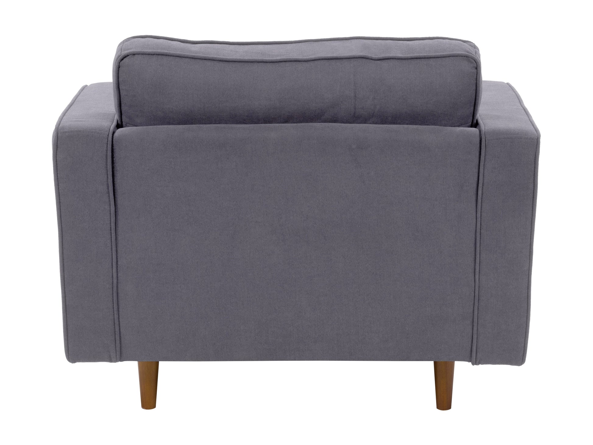 Mid-century modern grey armchair with wooden legs, tufted backrest, and sleek minimalist design.