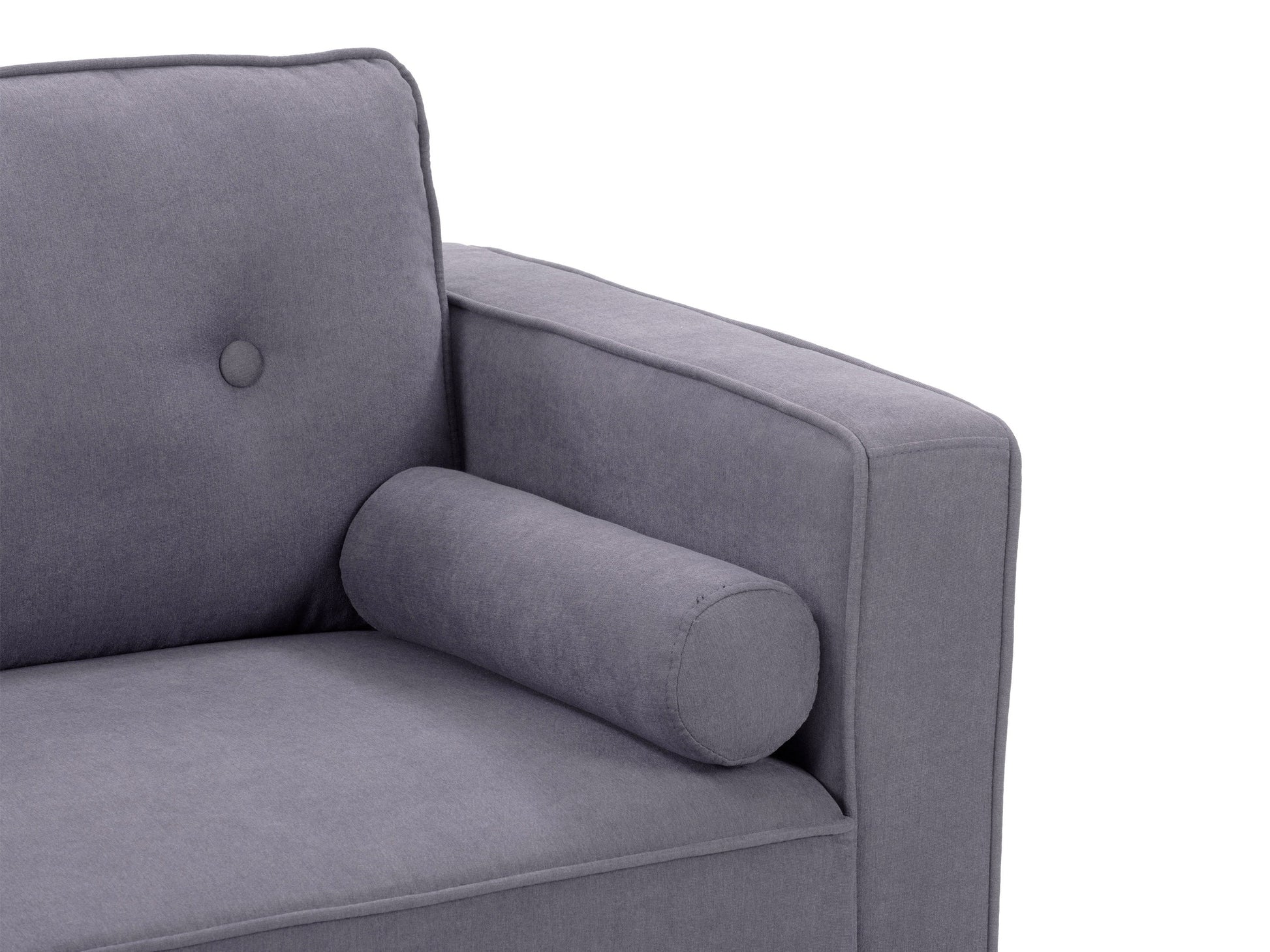 Grey 2 seater loveseat sofa with tufted cushions, wooden legs, and modern minimalist design.