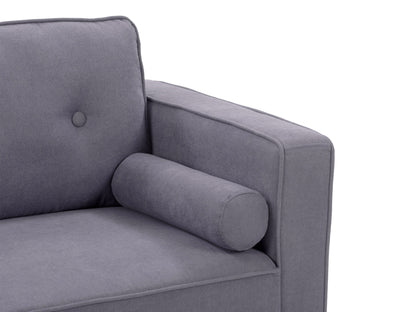 Grey 2 seater loveseat sofa with tufted cushions, wooden legs, and modern minimalist design.