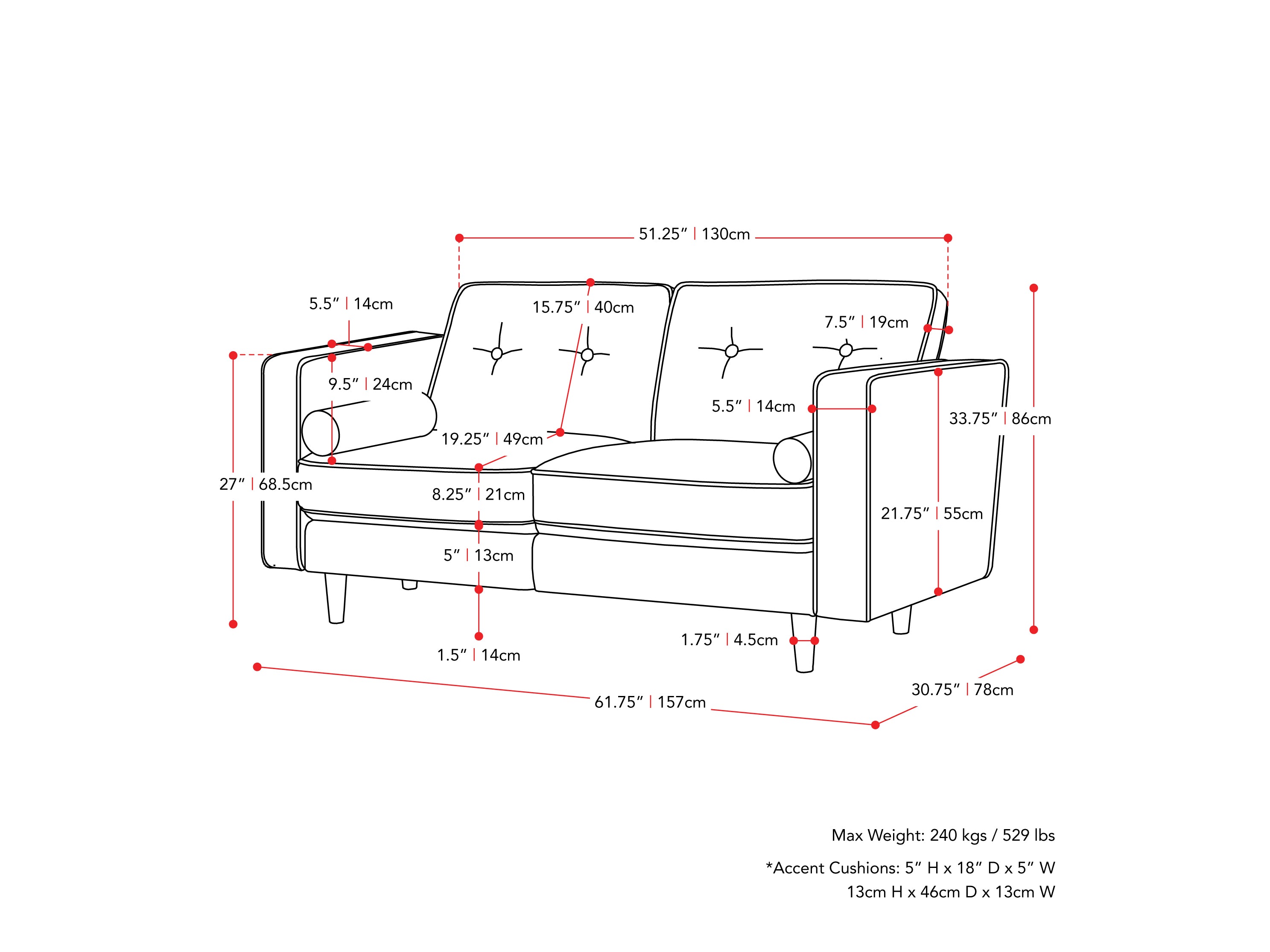 Grey 2 seater loveseat sofa with tufted cushions and wooden legs, modern minimalist design.