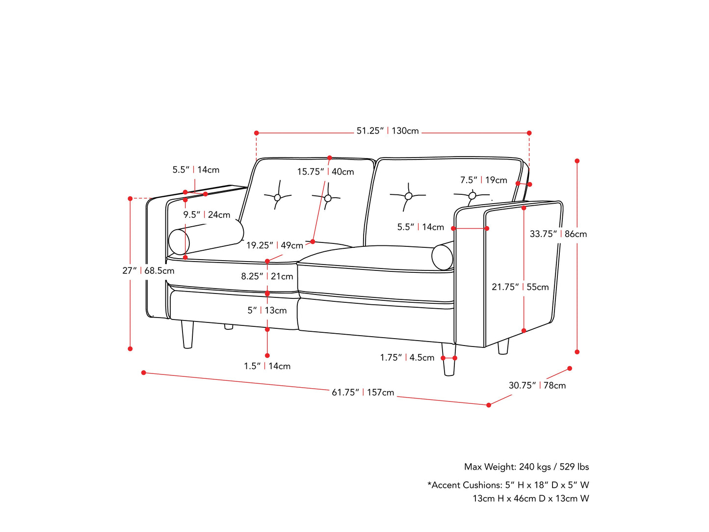 Grey 2 seater loveseat sofa with tufted cushions and wooden legs, modern minimalist design.