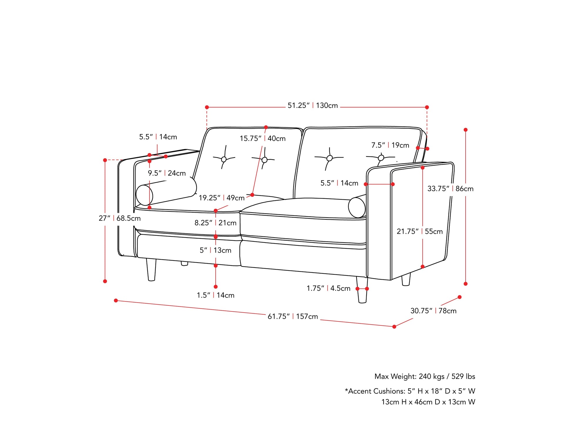 Grey 2 seater loveseat sofa with tufted cushions and wooden legs, modern minimalist design.