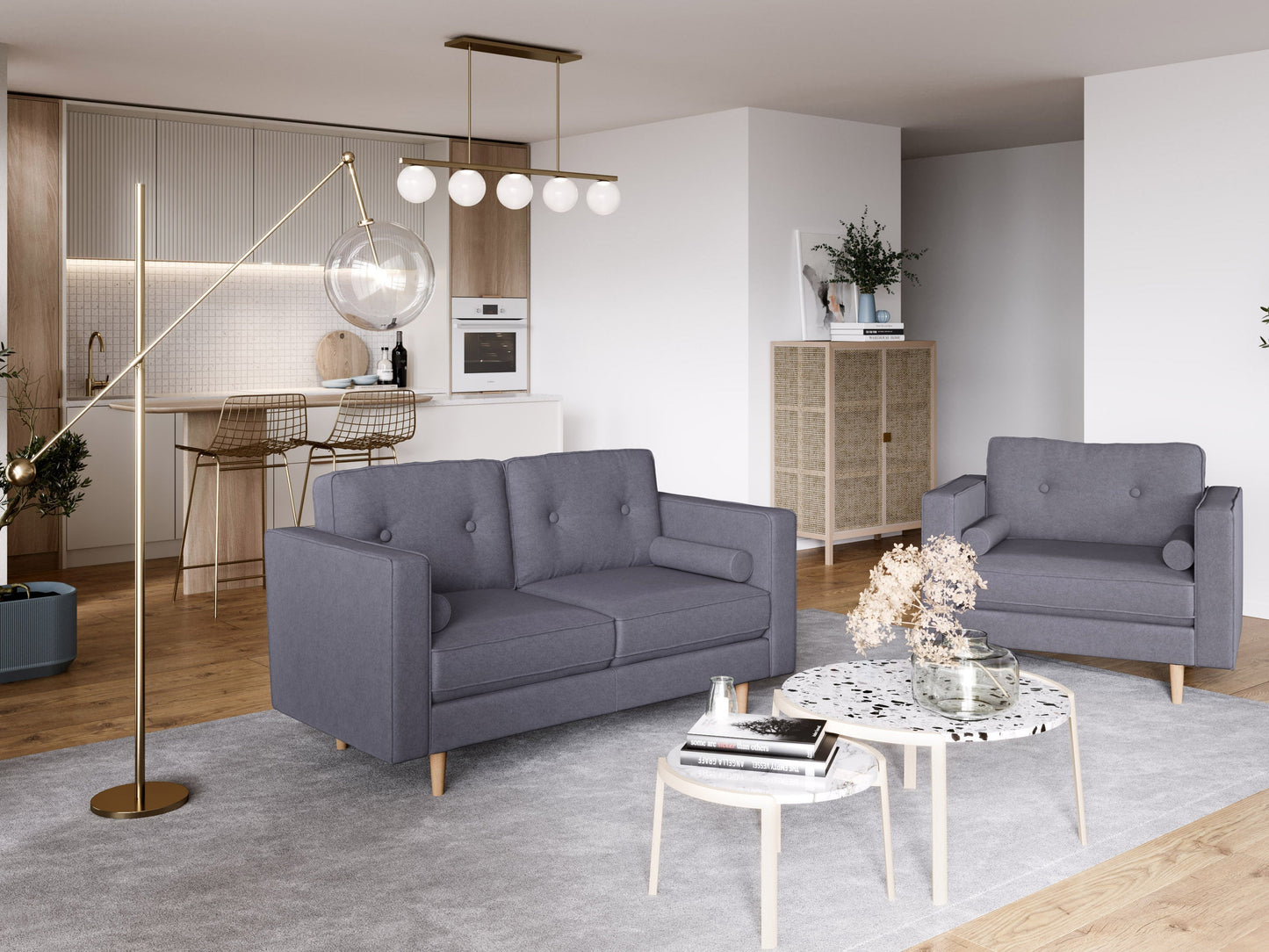 Grey 2-seater loveseat sofa with tufted cushions, wooden legs, and modern minimalist design.