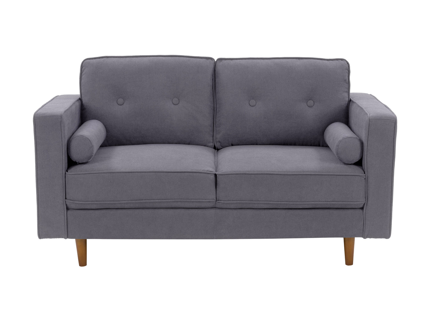 Grey 2-seater loveseat sofa with tufted cushions, wooden legs, and modern minimalist design.