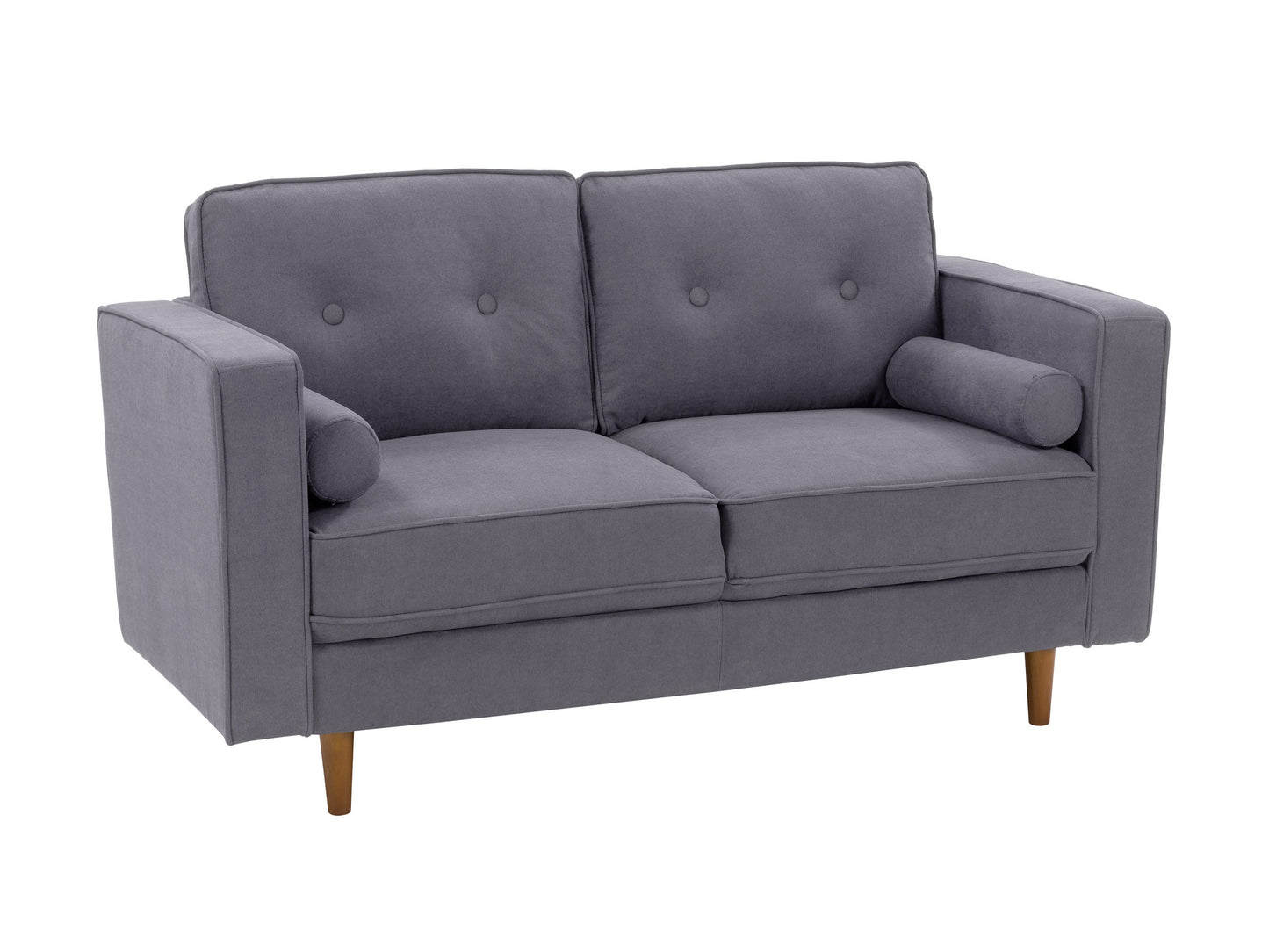 Grey 2-seater loveseat sofa with tufted cushions, wooden legs, and modern minimalist design.