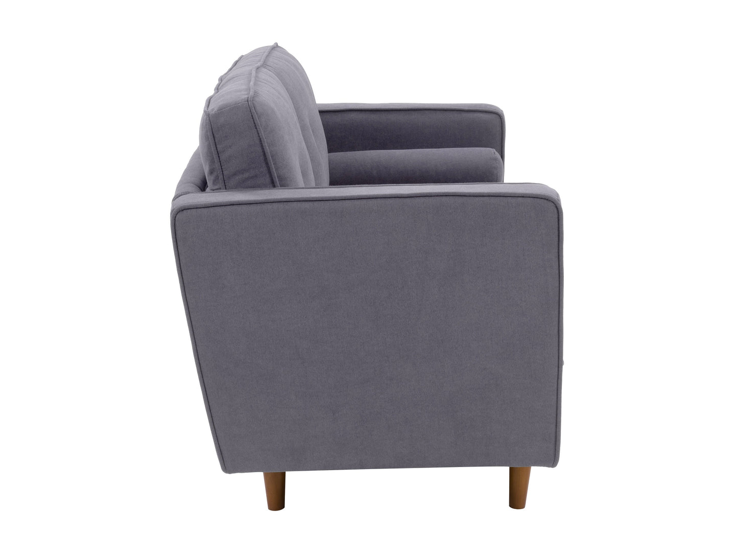 Grey 2-seater loveseat sofa with tufted cushions, wooden legs, and modern minimalist design.