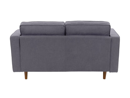 Grey 2-seater loveseat sofa with tufted cushions, wooden legs, and a minimalist design.