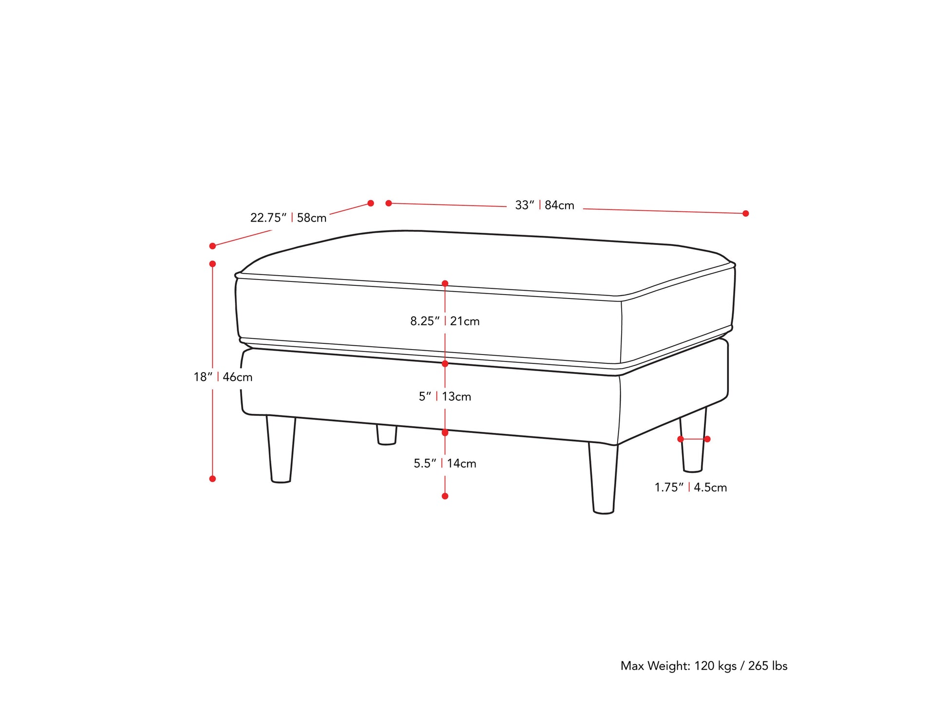 Mid-century modern grey ottoman, fabric upholstery, wooden legs, tufted cushion, minimalist design.