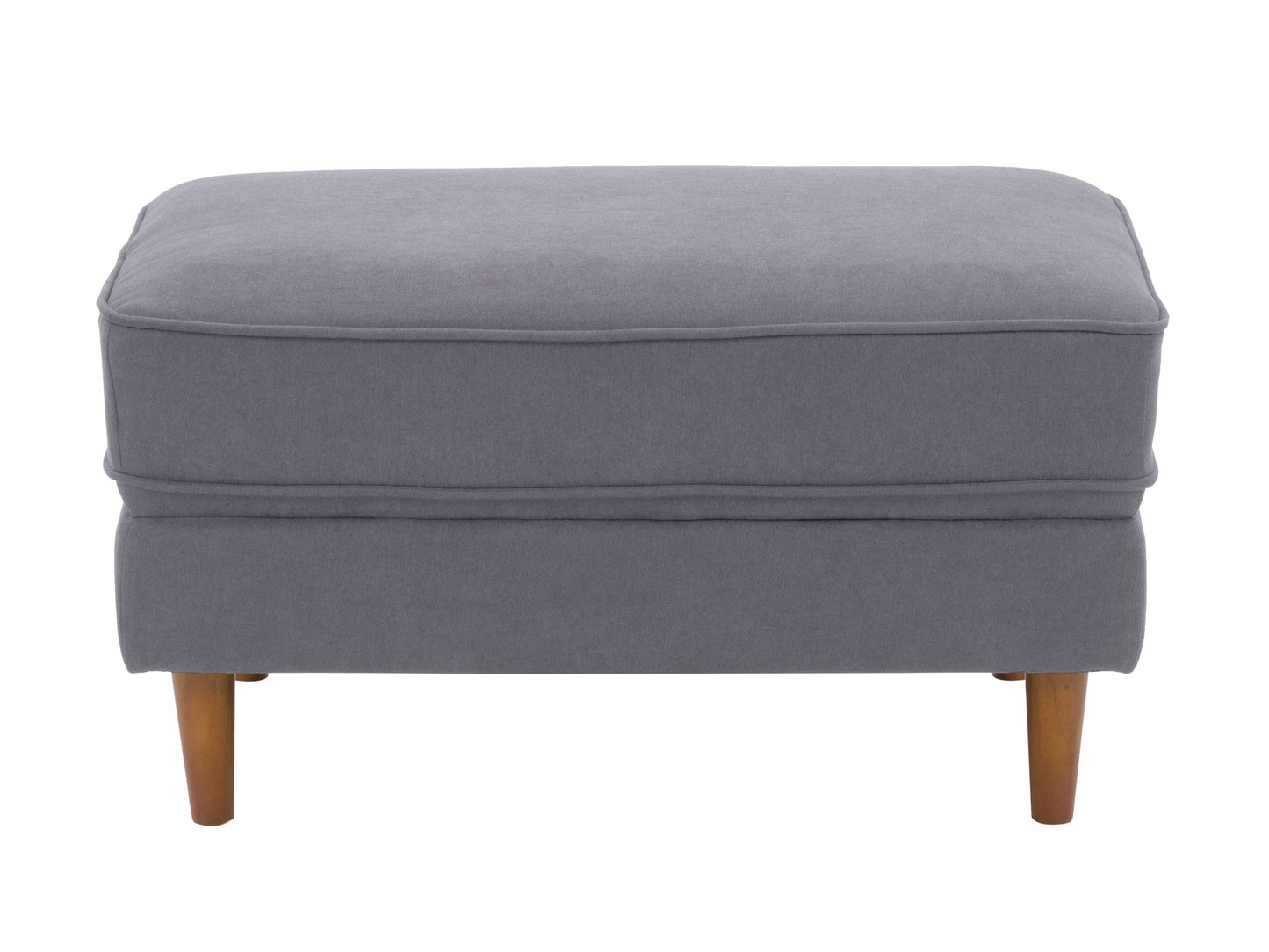 Mid-century modern grey ottoman with tufted cushions and wooden legs.