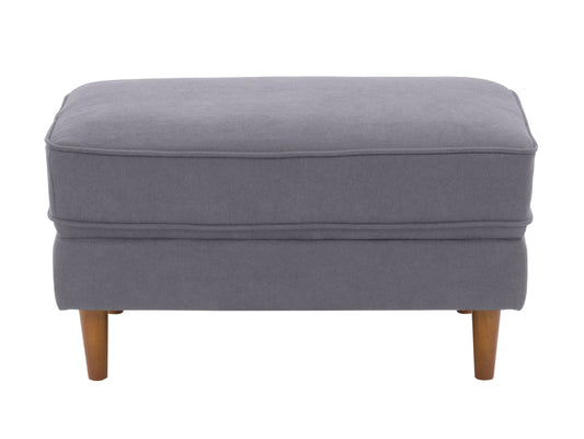 Mid-century modern grey ottoman with tufted cushions and wooden legs.